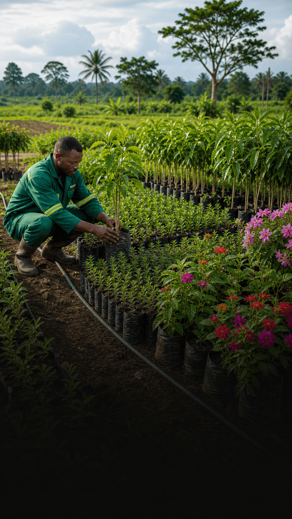 Pepiniere agricole avec fleurs et arbres fruitiers